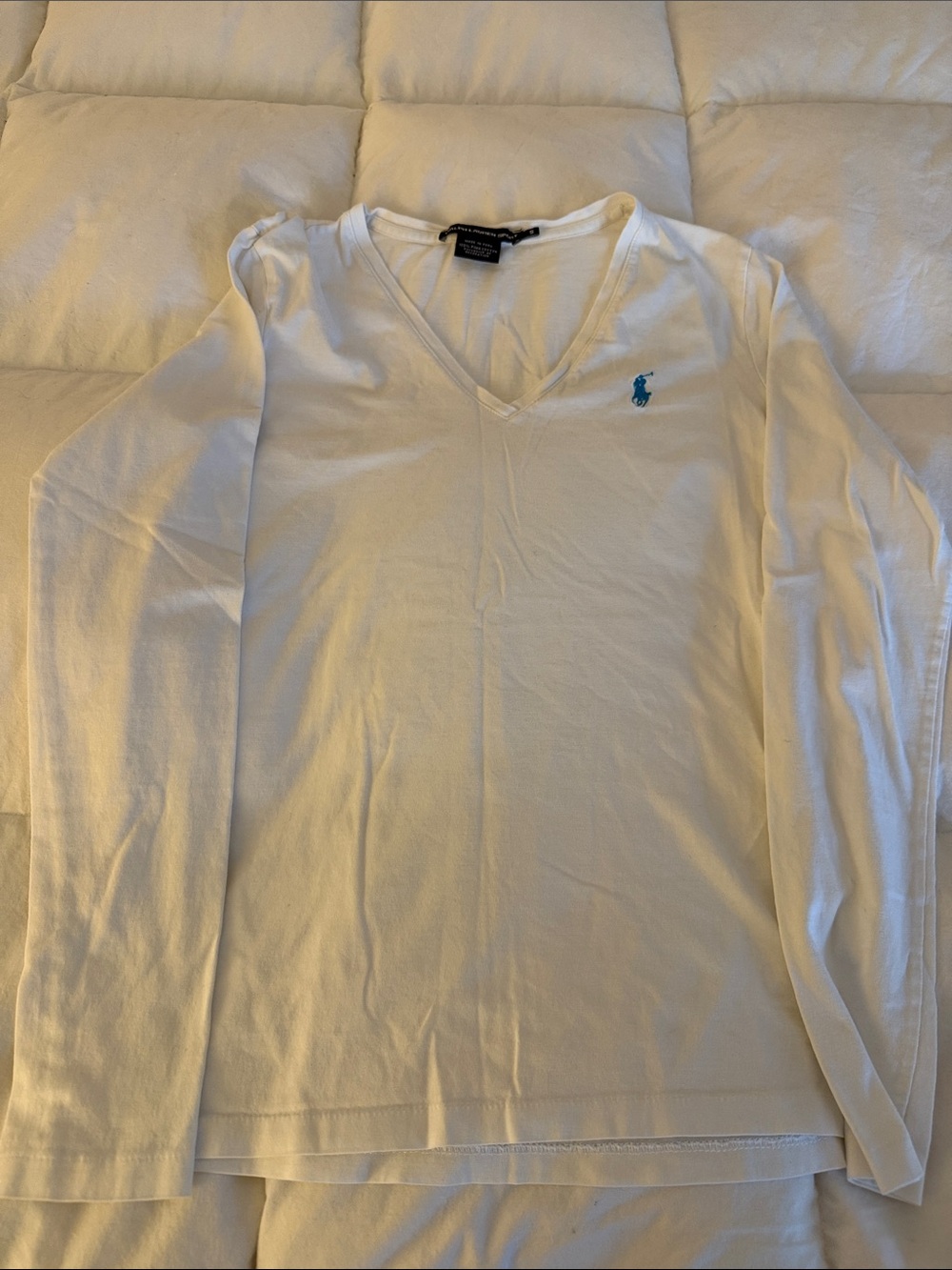 Ralph Lauren White V-Neck Long Sleeve Tee with Blue Pony Logo
